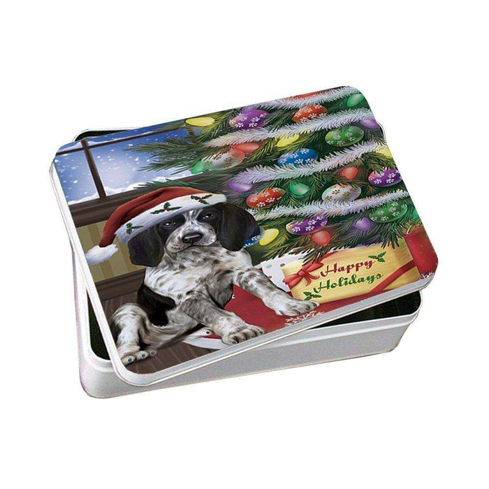 Christmas Happy Holidays Bluetick Coonhound Dog with Tree and Presents Photo Storage Tin