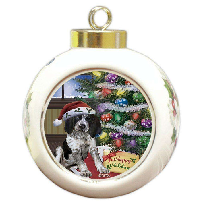 Christmas Happy Holidays Bluetick Coonhound Dog with Tree and Presents Round Ball Ornament