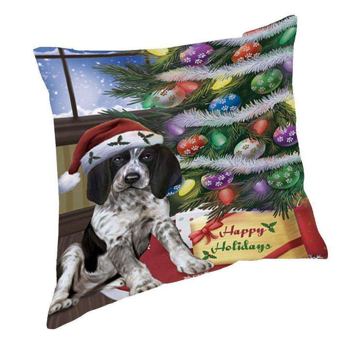 Christmas Happy Holidays Bluetick Coonhound Dog with Tree and Presents Throw Pillow