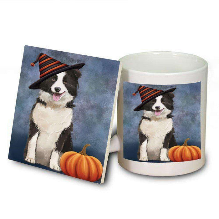 Christmas Happy Holidays Border Collie Dog Wearing Witch Hat Mug and Coaster Set MUC0059