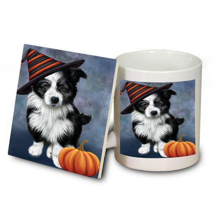 Christmas Happy Holidays Border Collie Dog Wearing Witch Hat Mug and Coaster Set MUC0060