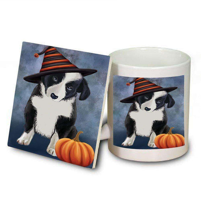 Christmas Happy Holidays Border Collie Dog Wearing Witch Hat Mug and Coaster Set MUC0062