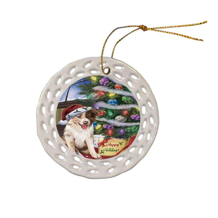 Christmas Happy Holidays Border Collie Dog with Tree and Presents Ceramic Doily Ornament DPOR53802
