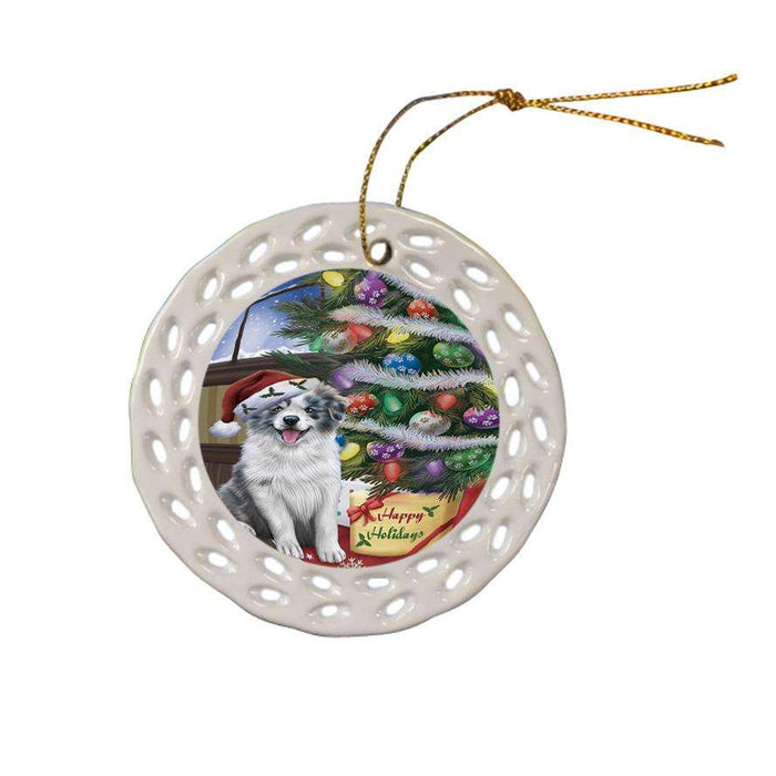 Christmas Happy Holidays Border Collie Dog with Tree and Presents Ceramic Doily Ornament DPOR53803