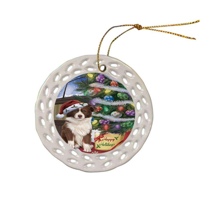Christmas Happy Holidays Border Collie Dog with Tree and Presents Ceramic Doily Ornament DPOR53804