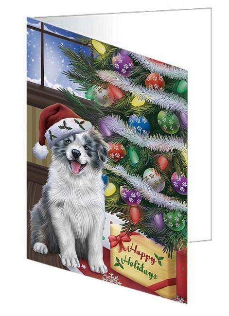 Christmas Happy Holidays Border Collie Dog with Tree and Presents Handmade Artwork Assorted Pets Greeting Cards and Note Cards with Envelopes for All Occasions and Holiday Seasons GCD65438