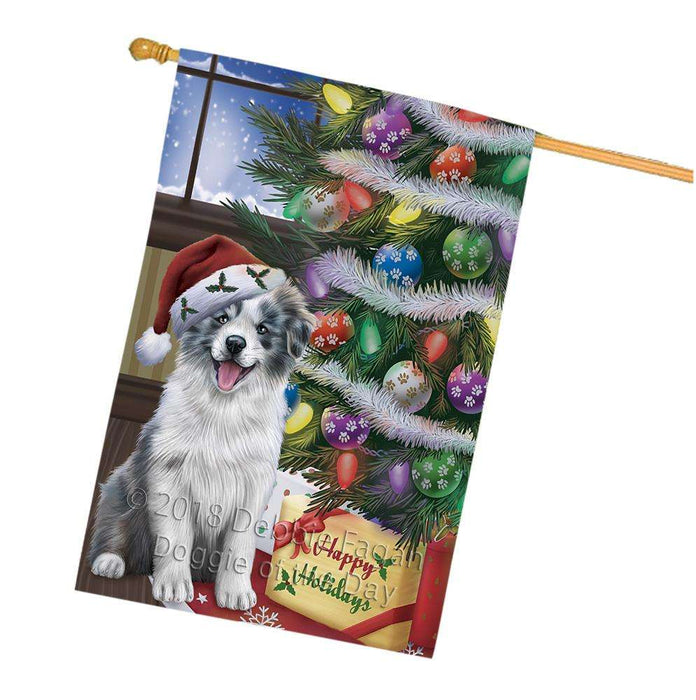 Christmas Happy Holidays Border Collie Dog with Tree and Presents House Flag FLG54001
