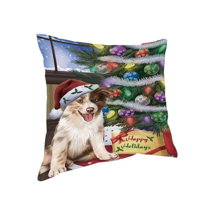 Christmas Happy Holidays Border Collie Dog with Tree and Presents Pillow PIL71832