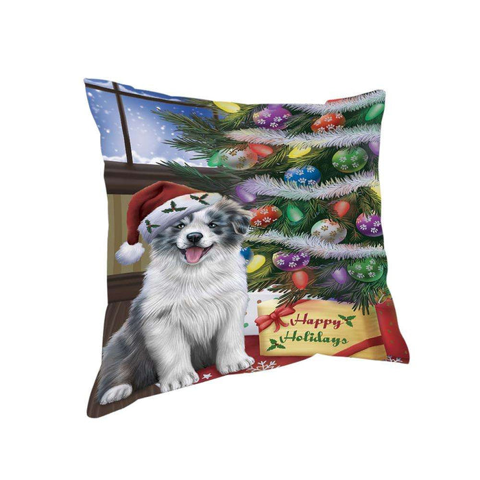 Christmas Happy Holidays Border Collie Dog with Tree and Presents Pillow PIL71836