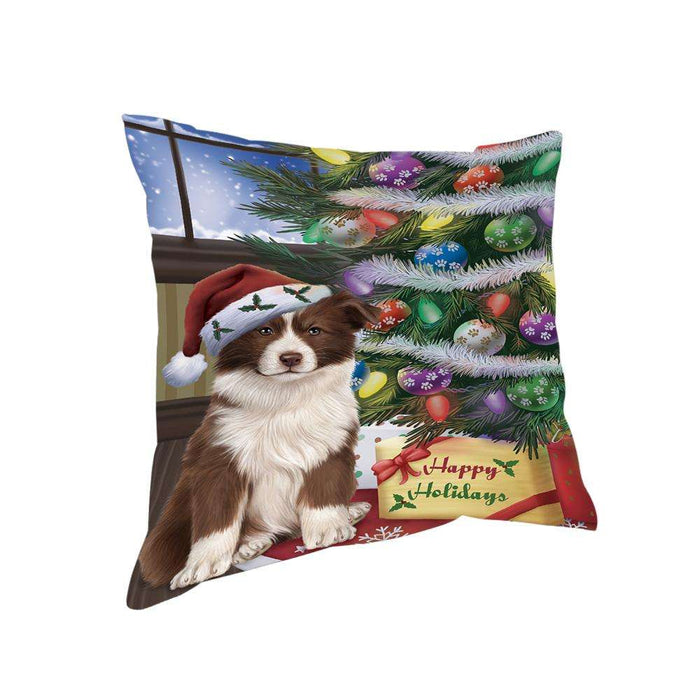 Christmas Happy Holidays Border Collie Dog with Tree and Presents Pillow PIL71840