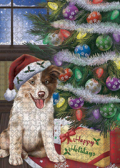 Christmas Happy Holidays Border Collie Dog with Tree and Presents Puzzle with Photo Tin PUZL82364