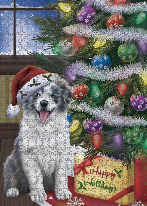 Christmas Happy Holidays Border Collie Dog with Tree and Presents Puzzle with Photo Tin PUZL82368