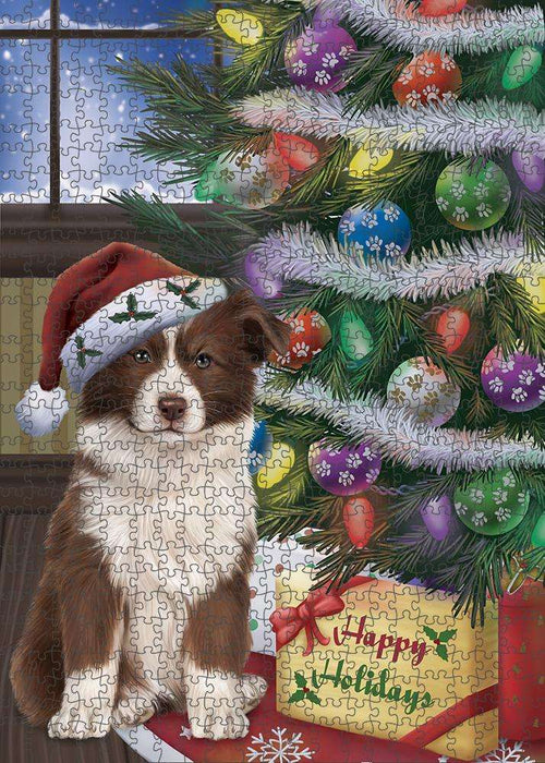 Christmas Happy Holidays Border Collie Dog with Tree and Presents Puzzle with Photo Tin PUZL82372