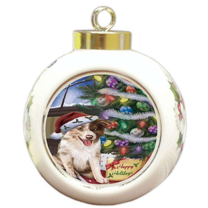 Christmas Happy Holidays Border Collie Dog with Tree and Presents Round Ball Christmas Ornament RBPOR53802