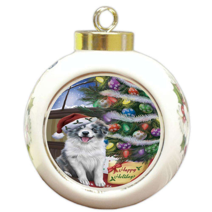 Christmas Happy Holidays Border Collie Dog with Tree and Presents Round Ball Christmas Ornament RBPOR53803