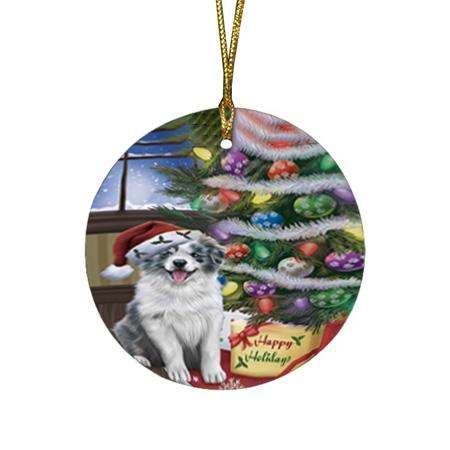 Christmas Happy Holidays Border Collie Dog with Tree and Presents Round Flat Christmas Ornament RFPOR53794