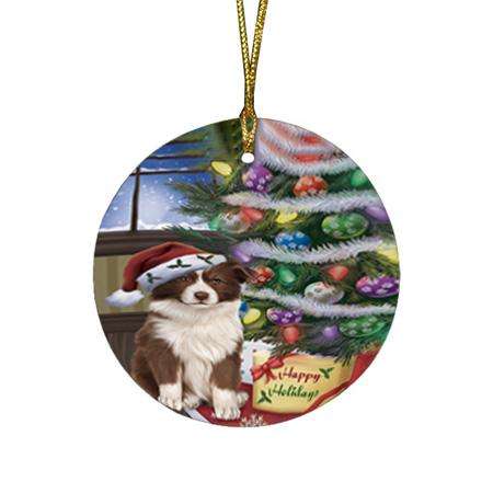 Christmas Happy Holidays Border Collie Dog with Tree and Presents Round Flat Christmas Ornament RFPOR53795