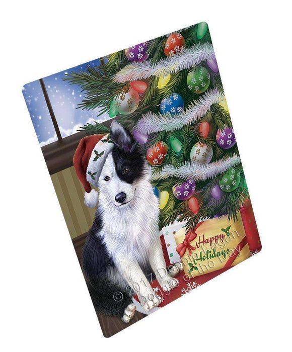 Christmas Happy Holidays Border Collies Dog with Tree and Presents Art Portrait Print Woven Throw Sherpa Plush Fleece Blanket