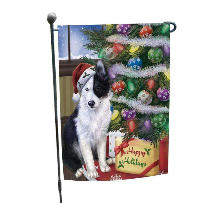 Christmas Happy Holidays Border Collies Dog with Tree and Presents Garden Flag
