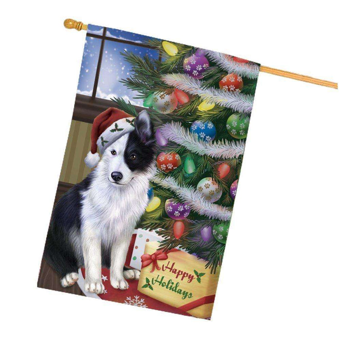 Christmas Happy Holidays Border Collies Dog with Tree and Presents House Flag