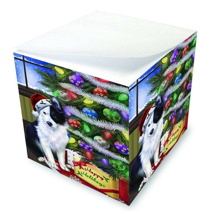 Christmas Happy Holidays Border Collies Dog with Tree and Presents Note Cube D054