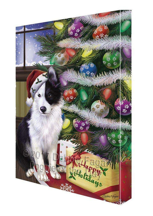 Christmas Happy Holidays Border Collies Dog with Tree and Presents Painting Printed on Canvas Wall Art