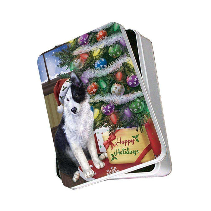 Christmas Happy Holidays Border Collies Dog with Tree and Presents Photo Storage Tin