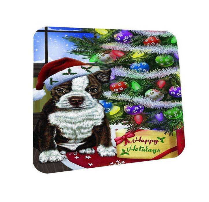 Christmas Happy Holidays Boston Dog with Tree and Presents Coasters Set of 4