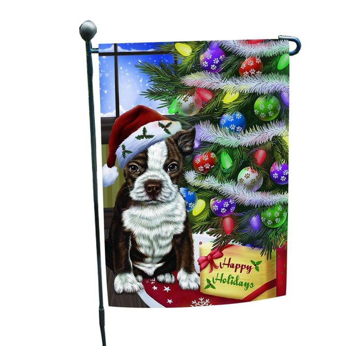 Christmas Happy Holidays Boston Dog with Tree and Presents Garden Flag