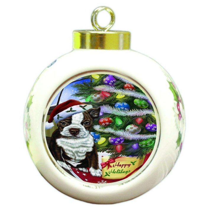 Christmas Happy Holidays Boston Dog with Tree and Presents Round Ball Ornament D059