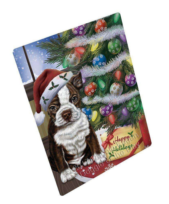 Christmas Happy Holidays Boston Terrier Dog with Tree and Presents Art Portrait Print Woven Throw Sherpa Plush Fleece Blanket