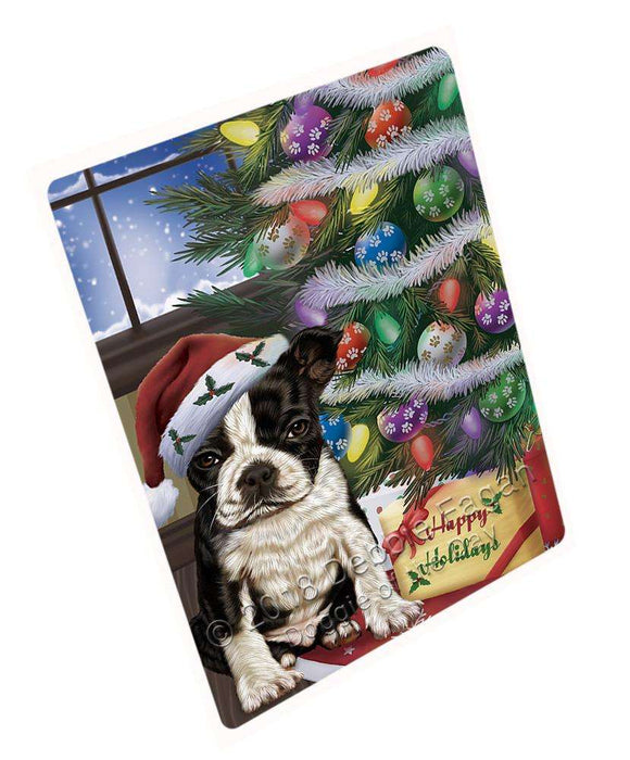 Christmas Happy Holidays Boston Terrier Dog with Tree and Presents Blanket BLNKT101586