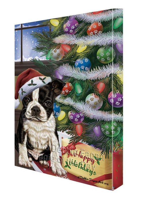 Christmas Happy Holidays Boston Terrier Dog with Tree and Presents Canvas Print Wall Art Décor CVS102095