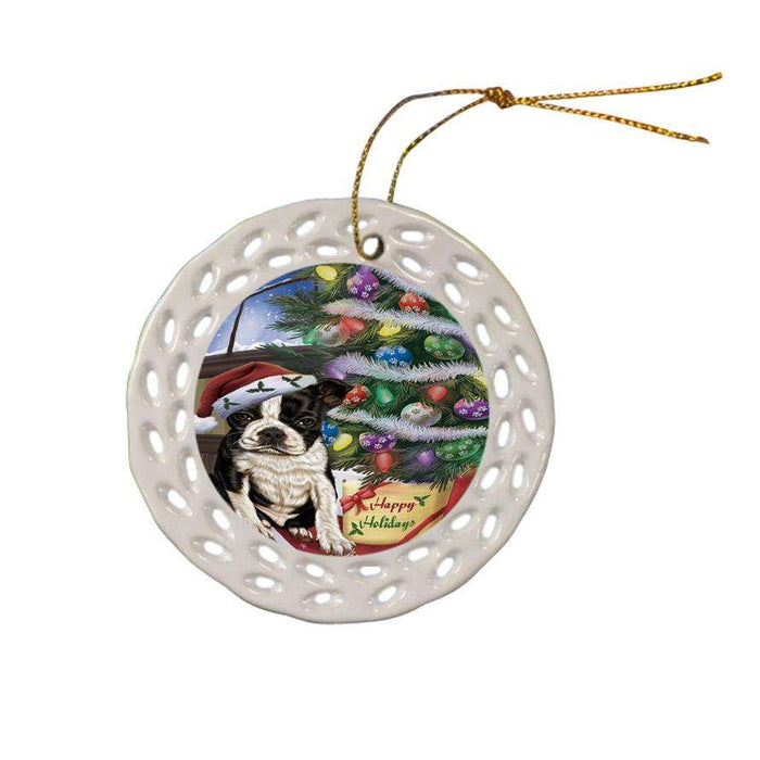 Christmas Happy Holidays Boston Terrier Dog with Tree and Presents Ceramic Doily Ornament DPOR53805