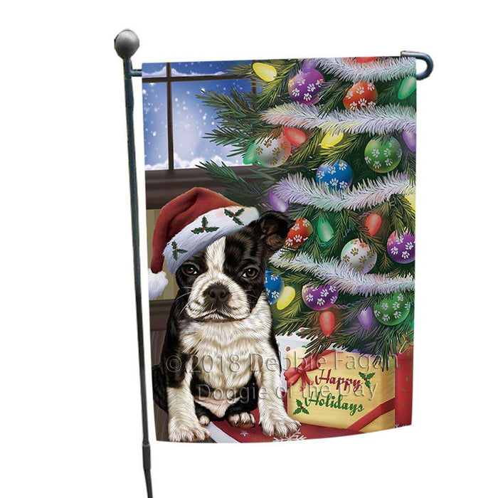 Christmas Happy Holidays Boston Terrier Dog with Tree and Presents Garden Flag GFLG53867
