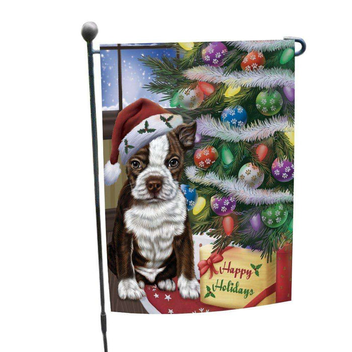 Christmas Happy Holidays Boston Terrier Dog with Tree and Presents Garden Flag