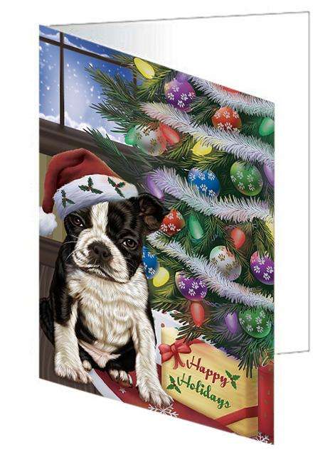 Christmas Happy Holidays Boston Terrier Dog with Tree and Presents Handmade Artwork Assorted Pets Greeting Cards and Note Cards with Envelopes for All Occasions and Holiday Seasons GCD65444