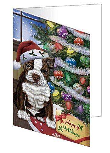 Christmas Happy Holidays Boston Terrier Dog with Tree and Presents Handmade Artwork Assorted Pets Greeting Cards and Note Cards with Envelopes for All Occasions and Holiday Seasons