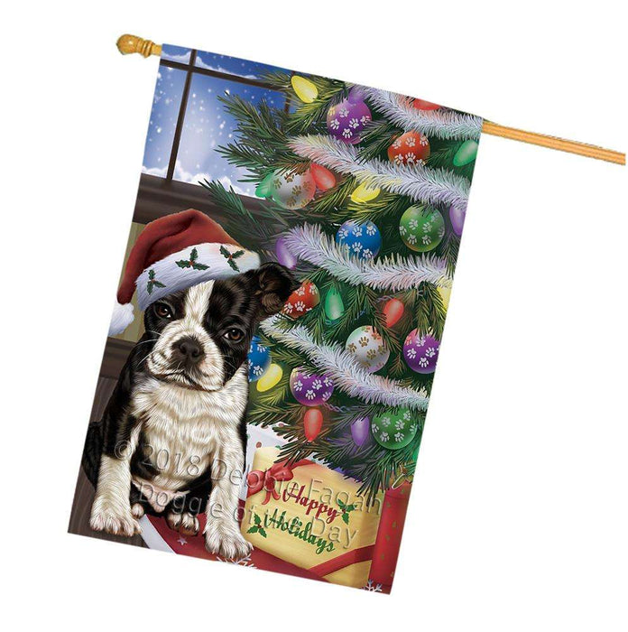 Christmas Happy Holidays Boston Terrier Dog with Tree and Presents House Flag FLG54003