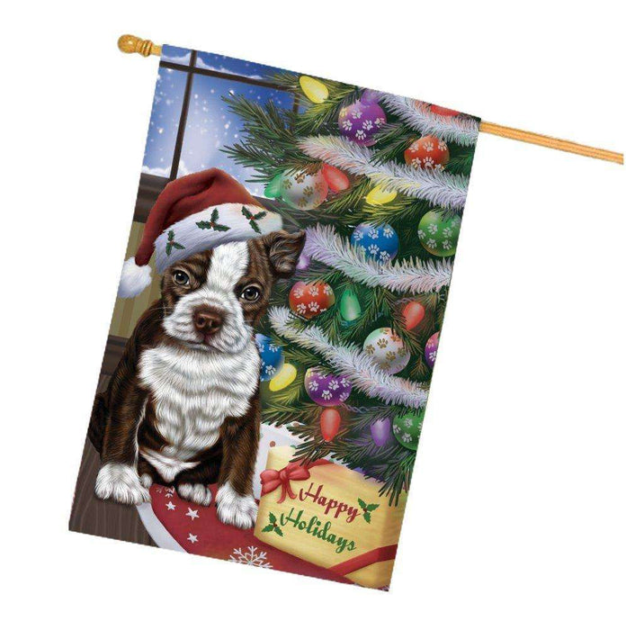 Christmas Happy Holidays Boston Terrier Dog with Tree and Presents House Flag