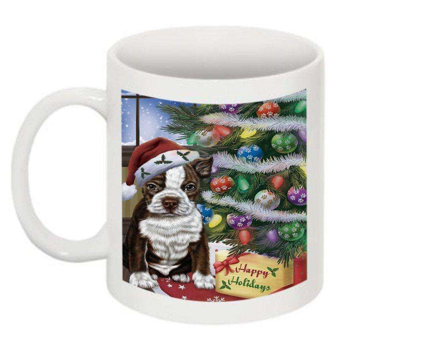 Christmas Happy Holidays Boston Terrier Dog with Tree and Presents Mug CMG0053