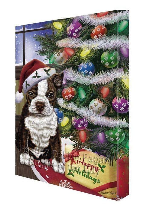 Christmas Happy Holidays Boston Terrier Dog with Tree and Presents Painting Printed on Canvas Wall Art