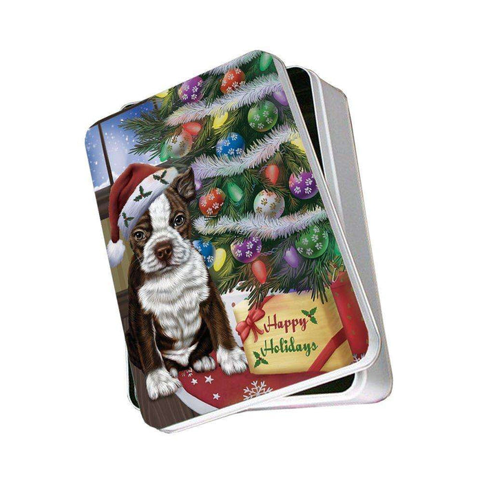 Christmas Happy Holidays Boston Terrier Dog with Tree and Presents Photo Storage Tin