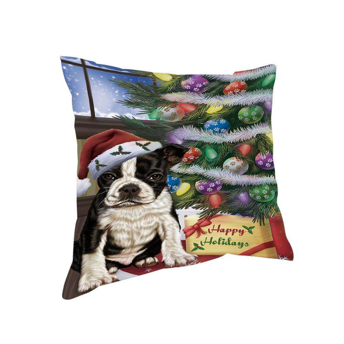 Christmas Happy Holidays Boston Terrier Dog with Tree and Presents Pillow PIL71844