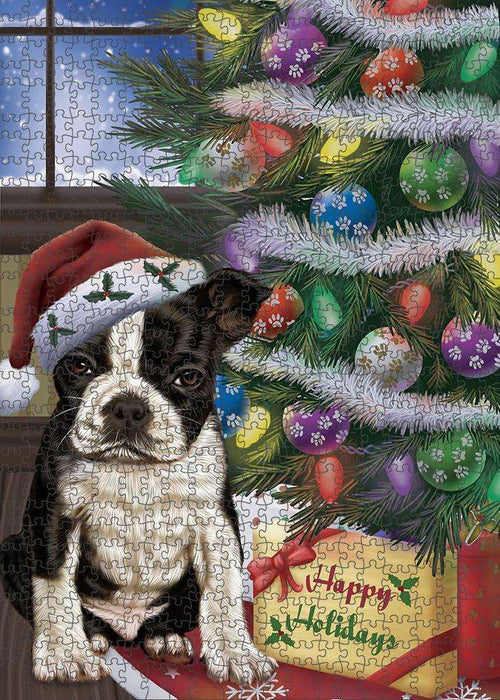 Christmas Happy Holidays Boston Terrier Dog with Tree and Presents Puzzle with Photo Tin PUZL82376