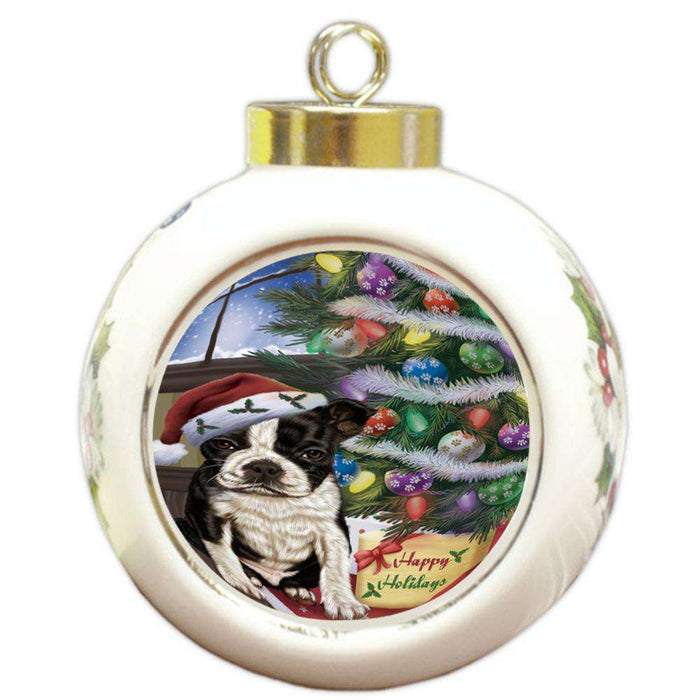 Christmas Happy Holidays Boston Terrier Dog with Tree and Presents Round Ball Christmas Ornament RBPOR53805