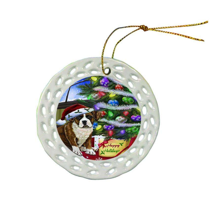 Christmas Happy Holidays Boxer Dog with Tree and Presents Ceramic Doily Ornament DPOR53806