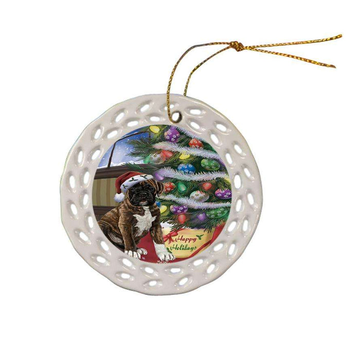 Christmas Happy Holidays Boxer Dog with Tree and Presents Ceramic Doily Ornament DPOR53807