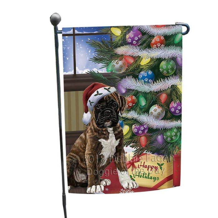 Christmas Happy Holidays Boxer Dog with Tree and Presents Garden Flag GFLG53868
