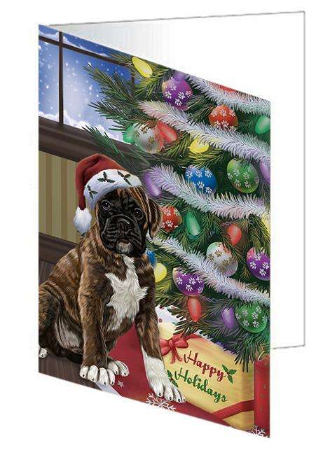 Christmas Happy Holidays Boxer Dog with Tree and Presents Handmade Artwork Assorted Pets Greeting Cards and Note Cards with Envelopes for All Occasions and Holiday Seasons GCD65447